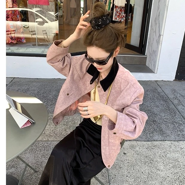 玫瑰茶渍 巴恩风两色拼接领外套女宽松廓形口袋通勤显瘦小个上衣