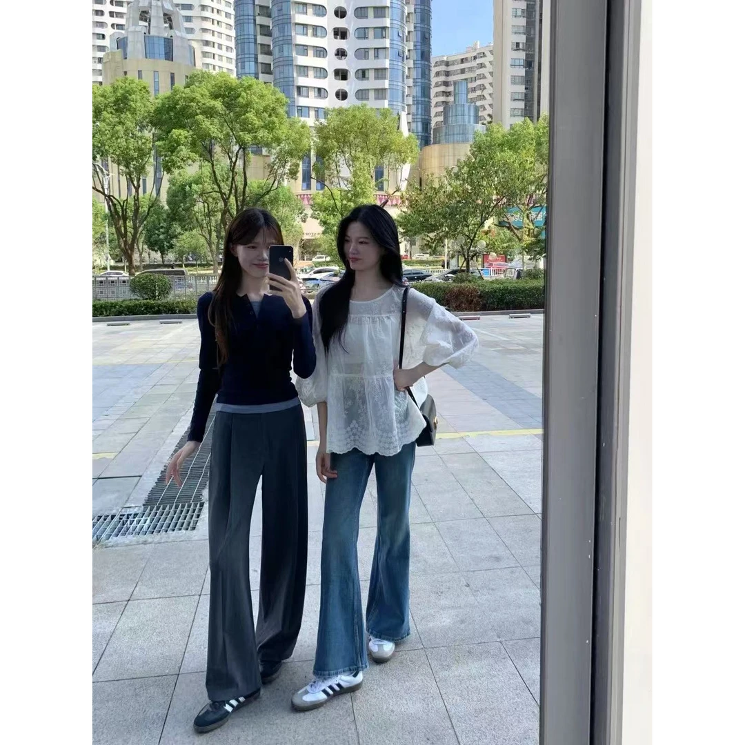 韩系休闲穿搭2025夏季新款时尚叠穿假两件长袖上衣配西装裤套装女