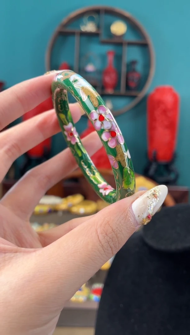 非遗手工景泰蓝细棍镯子55-61绿色