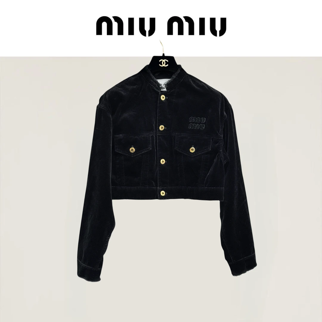 99新 MIU MIU/缪缪 38码黑色丝绒金扣贴布logo短款外套