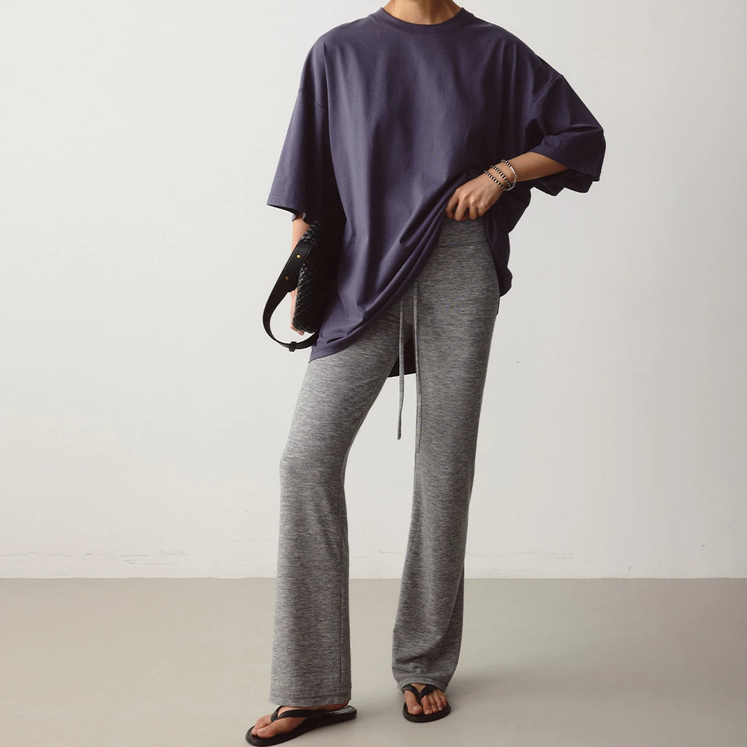 DE Mincollection小灰裤/薄款高弹显瘦大长腿微喇系带休闲裤55174