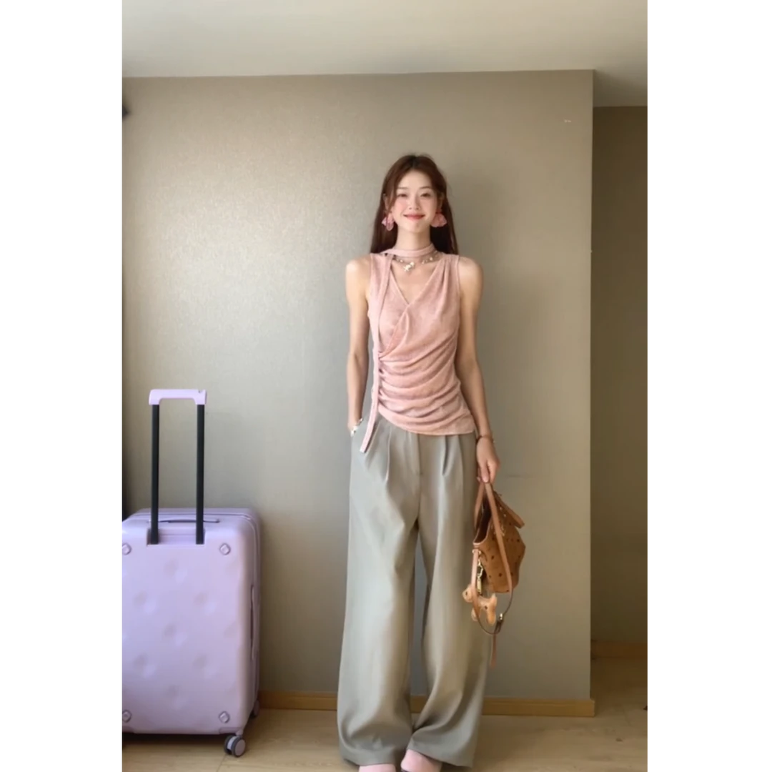 设计感不对称侧腰收褶飘带背心吊带针织挂脖上衣夏季阔腿裤套装