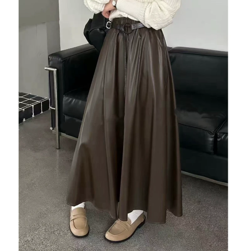 秋季PU长款皮裙半身裙女25秋冬新款高腰休闲大摆伞裙百褶A字长裙