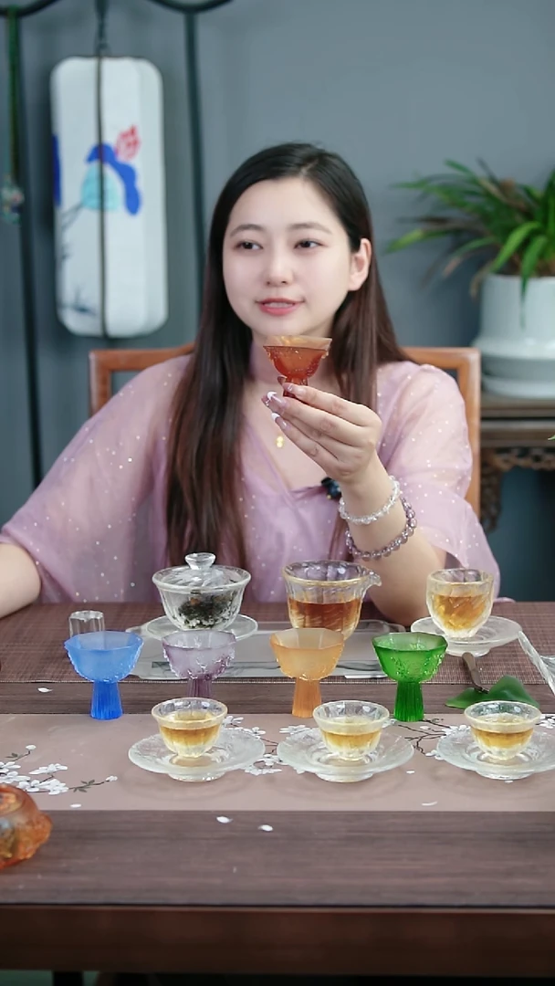 茶盏古法琉璃琥珀色葡萄喜鹊雕花高足四方盏