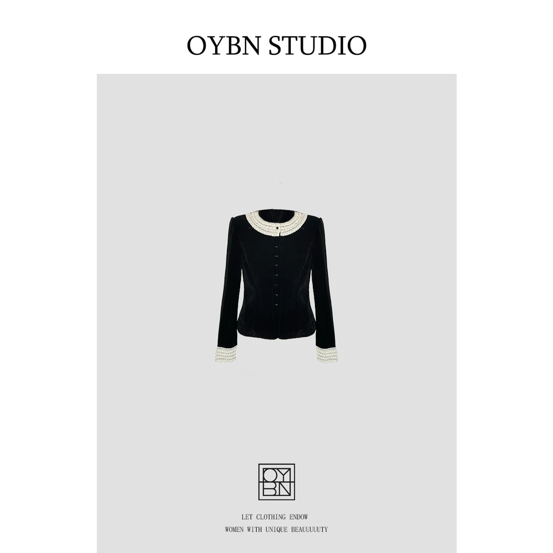 OYBN欧阳贝妮【可可妮】微胖大码蕾丝单排扣花边丝绒衬衫1523