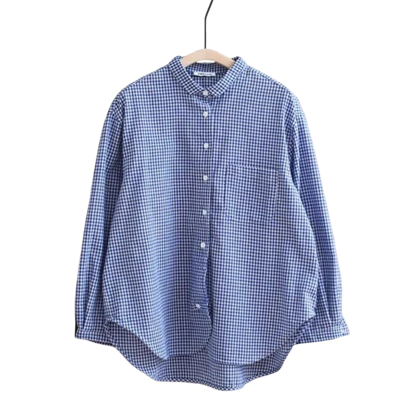 气质好的想转圈圈！复古日系衬衫女秋季宽松蓝色格子气质长袖上衣
