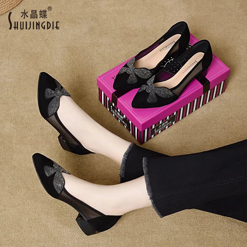 水晶蝶2025新款春夏粗跟尖头防滑百搭鞋透气网纱软底时尚低跟单鞋