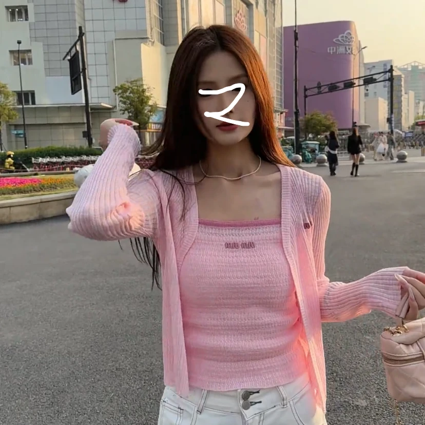 夏日温柔风韩系时尚背心吊带针织开衫防晒女通勤百搭休闲两件套装