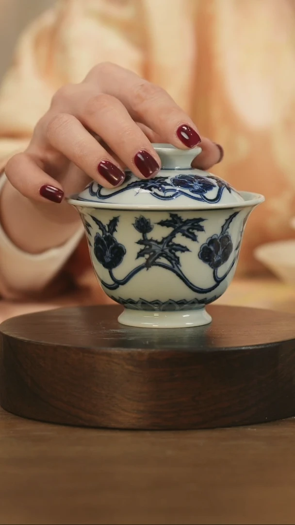 【闪购商品】景德镇手工青花秋葵盖碗微瑕