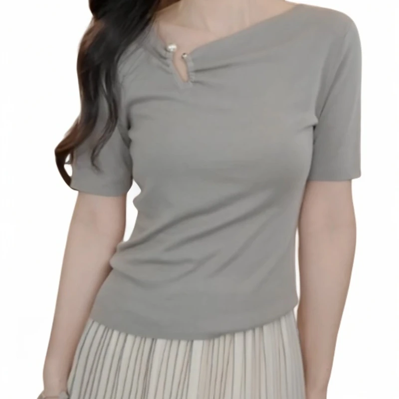 夏季设计感U型珍珠拉扣收皱领口修身短袖针织衫薄款时尚气质百搭