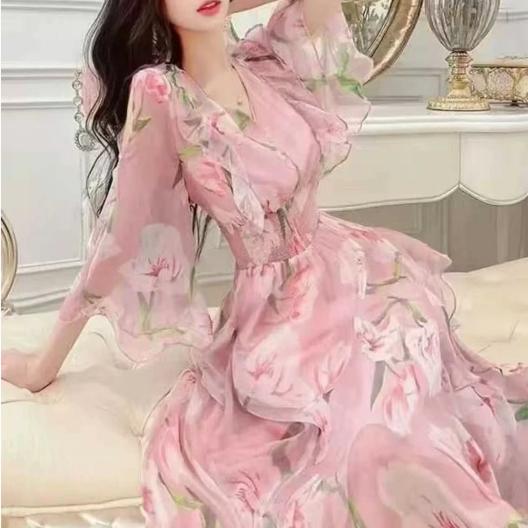 ［依易原创］粉色雪纺度假波西米亚风仙女裙B0504