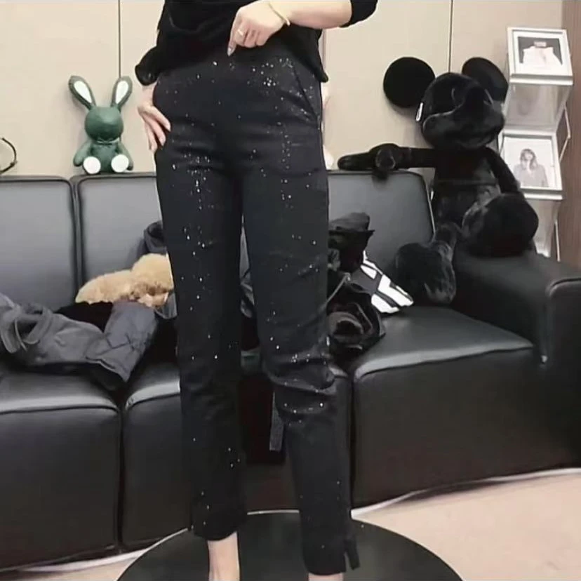 2025新款时尚百搭韩版设计感定制满天星细闪高弹力大码烟筒裤