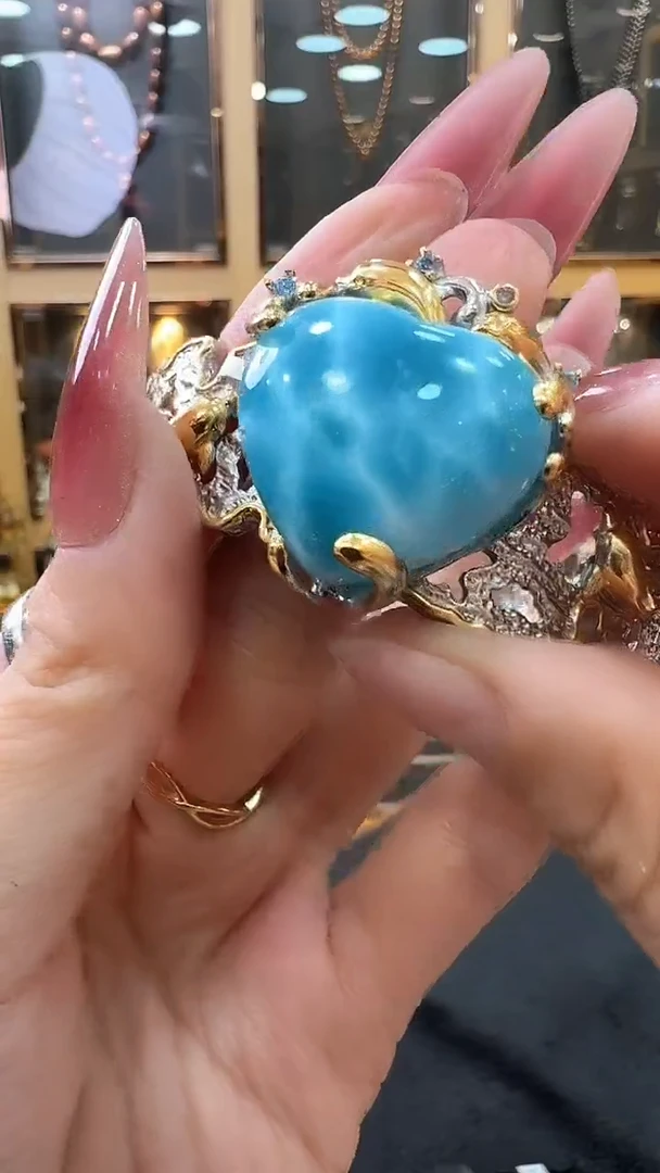 针钠钙石（海纹石）银S925镀金镶嵌手镯海纹石手镯