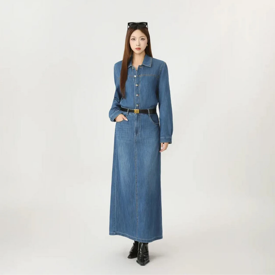 AMASS/阿玛施宽松中长款翻领法式复古长款牛仔裙连衣裙550043