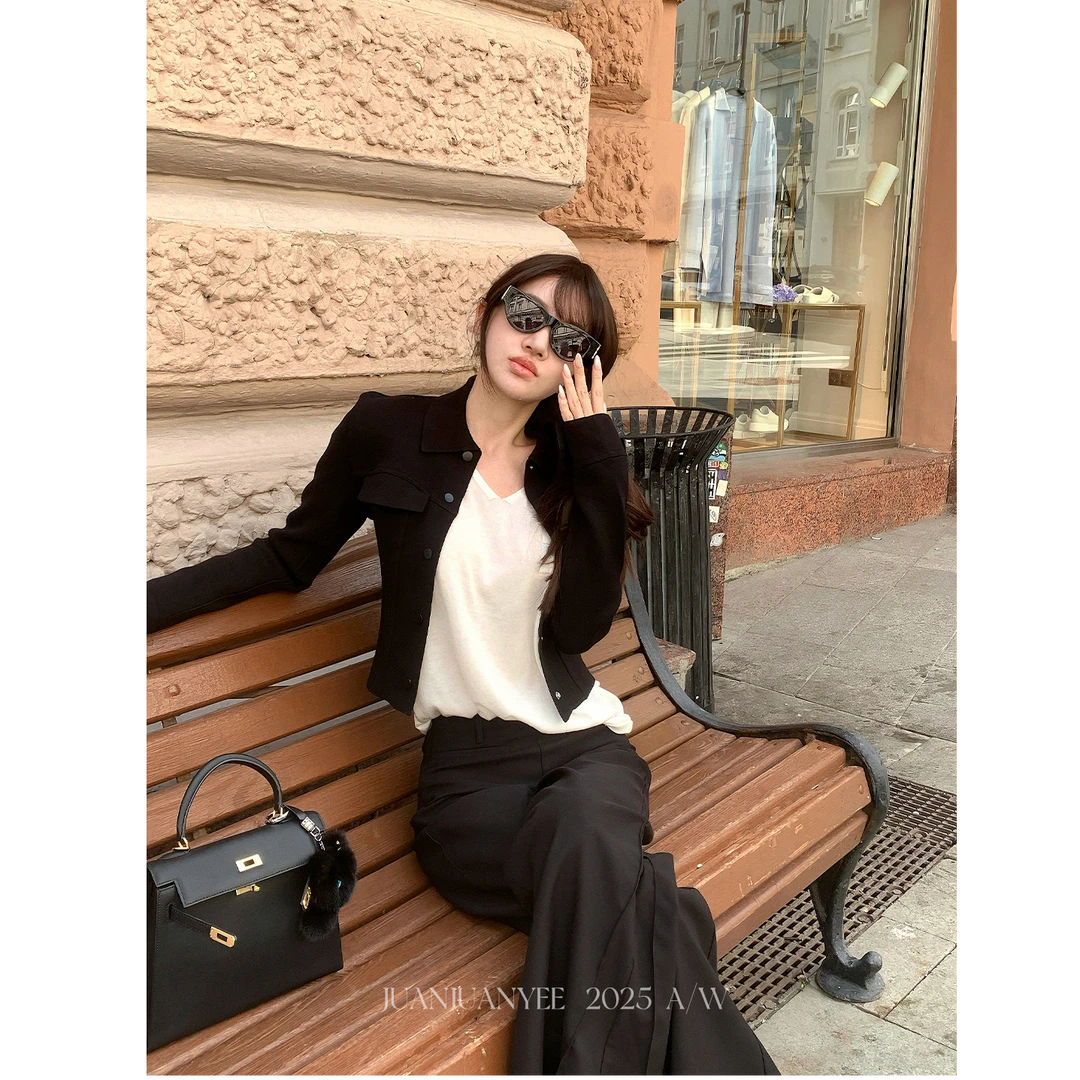 【高智姐姐】高密廓形短外套+显瘦百搭T+垂感羊毛西裤套装S11120