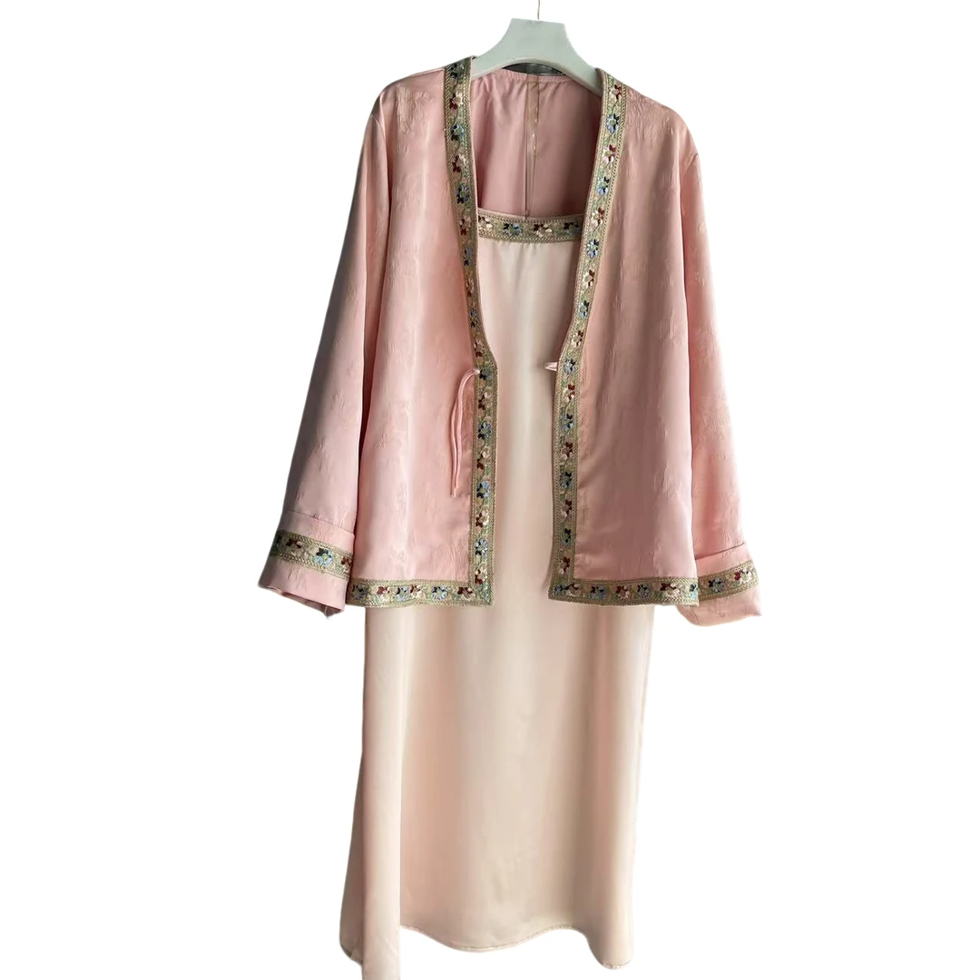 大码女装时尚国风外套+吊带长裙两件套红色衬衣