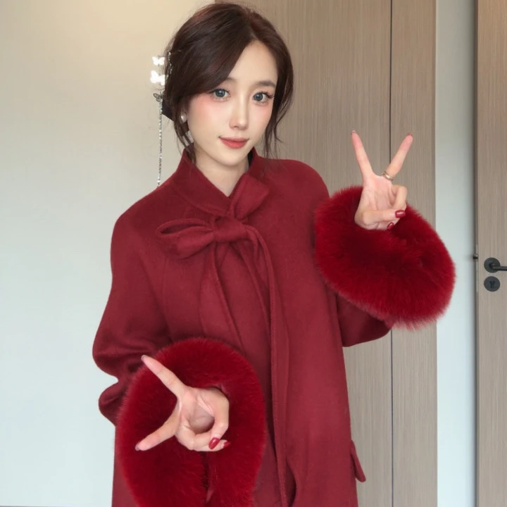 辛语【绒雪恋歌】双面羊绒加厚秋冬长款狐狸毛手袖口毛呢外套