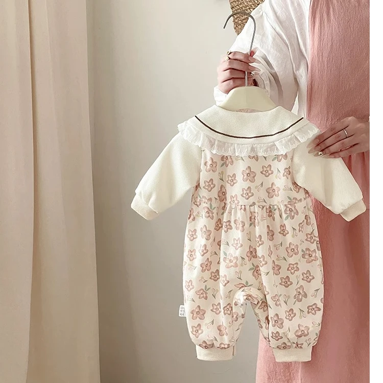 婴儿春秋季衣服双层桃花女宝宝超萌满月哈衣连体衣爬服洋气外出服