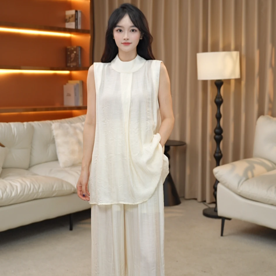 老钱风慵懒随意感立领无袖背心+松紧腰长裤套装240204