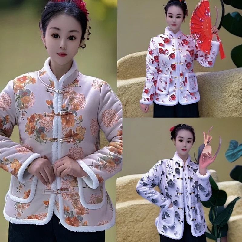 冬季加厚短款保暖女外套中式女款中国风立领高端棉衣印花时尚复古