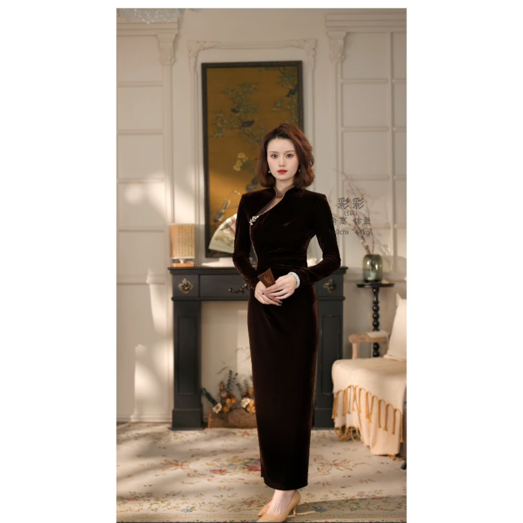 彩彩家【星光梦境】复古气质修身显瘦咖色长袖知性优雅改良款旗袍