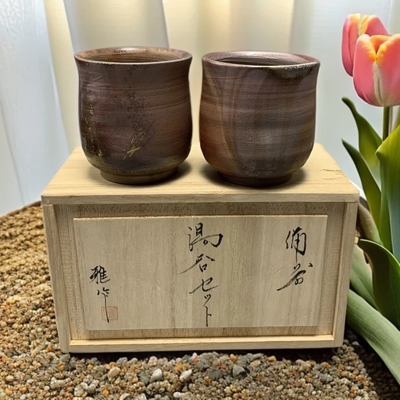 日本備前烧夫妻杯一对原盒，名家底款，工艺精湛，品相尺寸如图复古