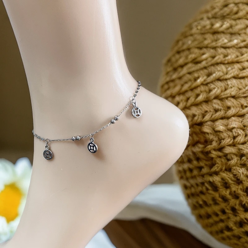 925银脚链 【如意】925银钱币脚链正品高档时尚气质百搭简约脚链