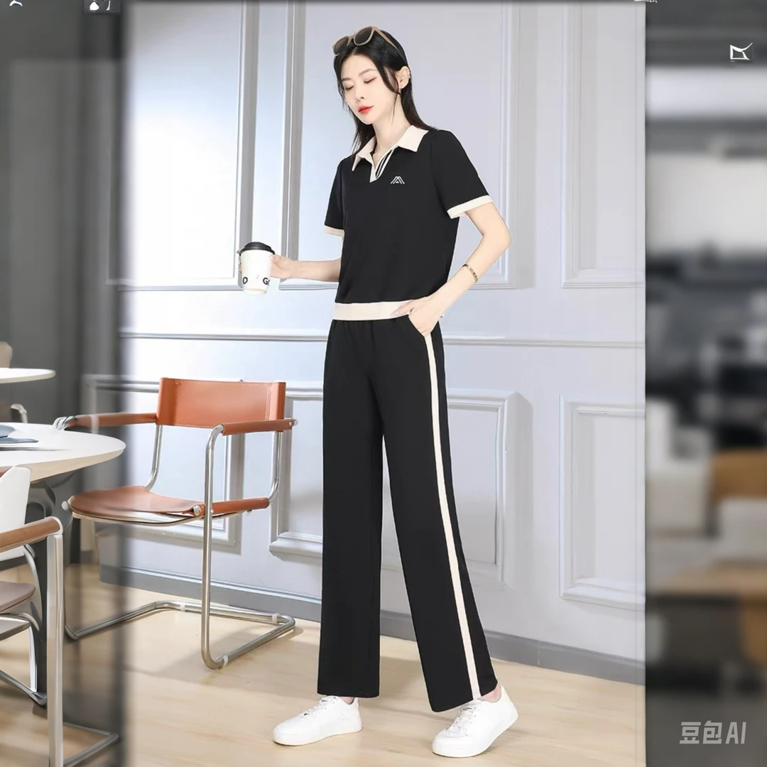467黑色时尚休闲学院风套装女2025新爆款夏季洋气修身显瘦两件套