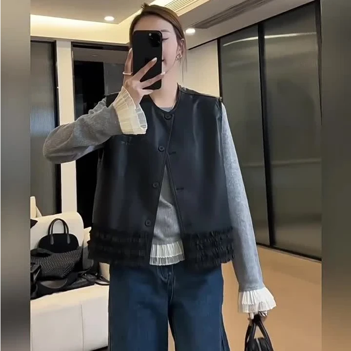 皮马甲女2025年春季新款短款圆领黑色无袖柔软皮衣马夹