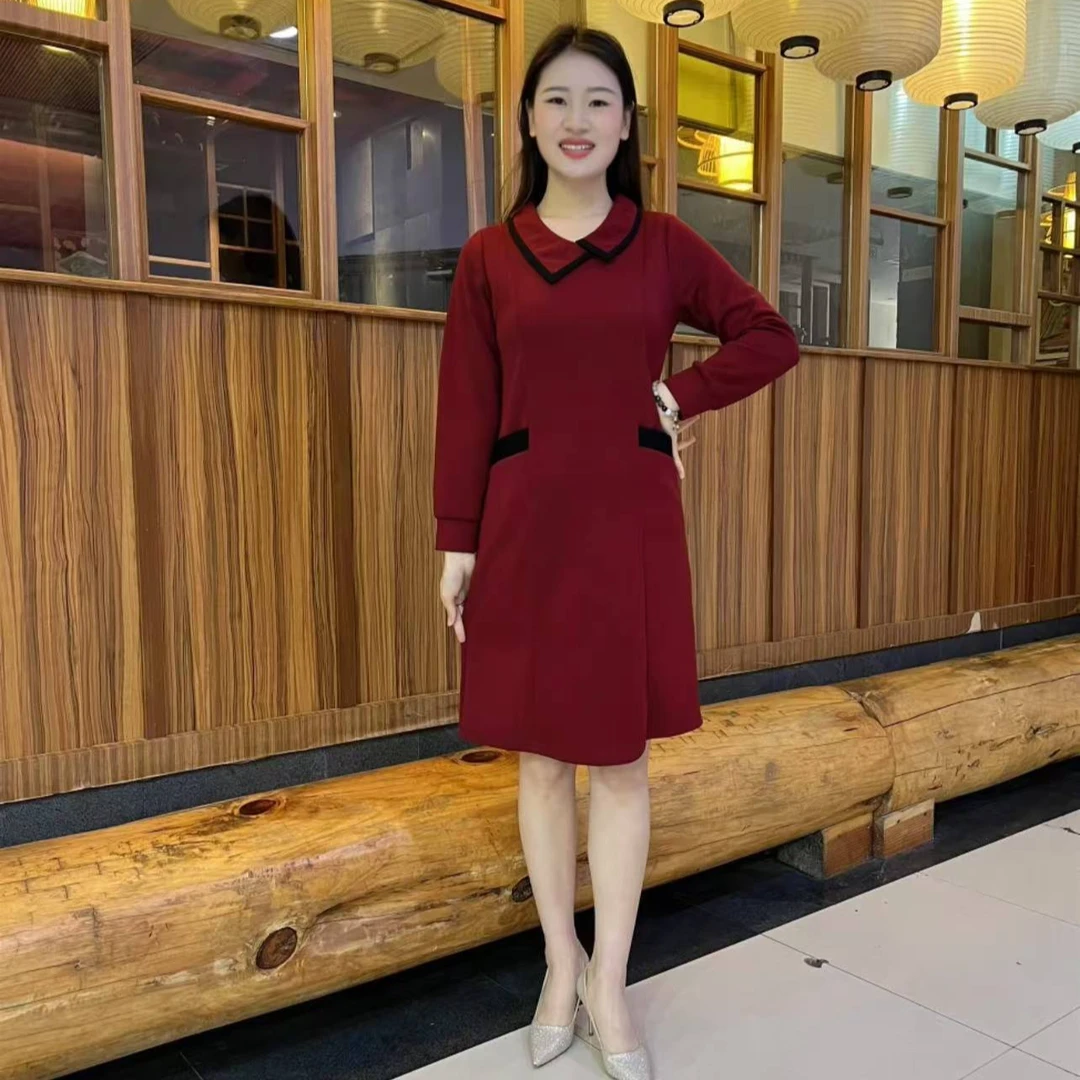 冬款气质翻领加厚保暖中长款连衣裙G洋气妈妈装百搭遮肉大码长裙