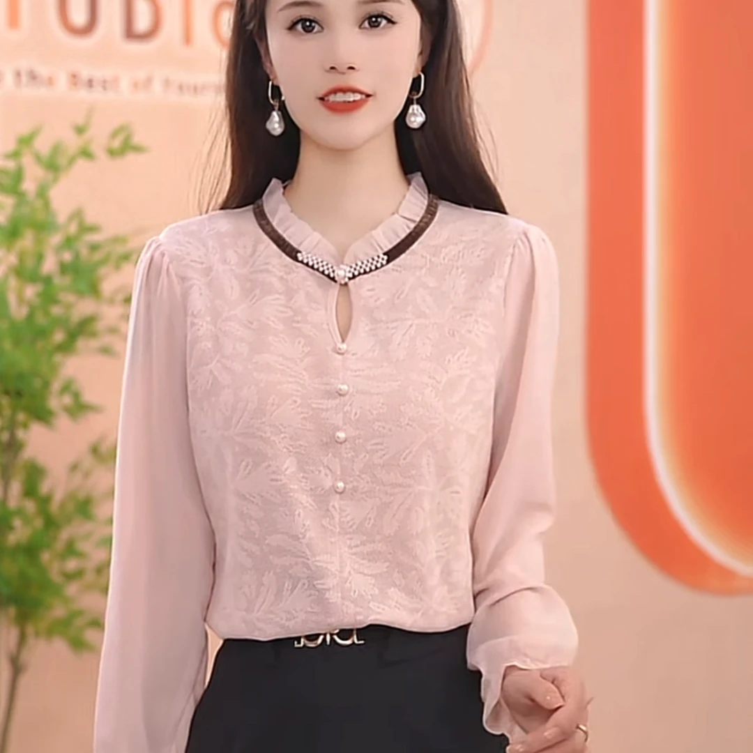 【月光童话】春季新款木耳领提花纯色气质长袖衬衣显瘦女百搭上衣