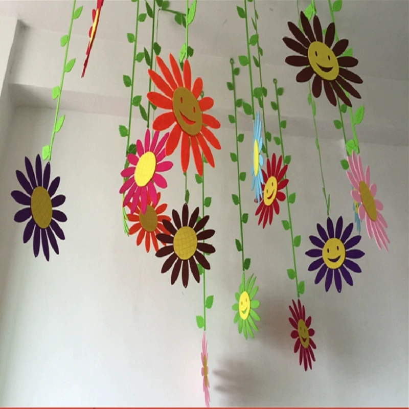 商场幼儿园装饰挂饰教室用品走廊环境布置太阳花吊饰无纺布柳藤条