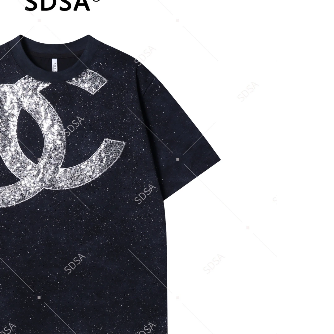 SDSA夏季新款男士痞帅满天星亮片字母圆领短袖T恤百搭时尚上衣潮