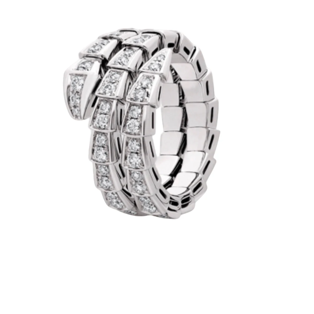 未使用 BVLGARI/宝格丽 白金三圈满钻窄版蛇戒指S码【JQ】