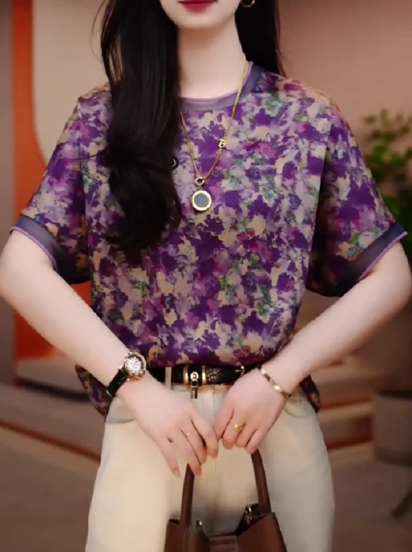 紫薇花-夏季新款高级感洋气时尚百搭显瘦短袖圆领上衣