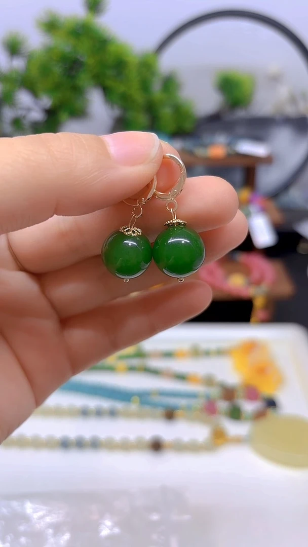 和田玉14K金镶嵌耳饰E600