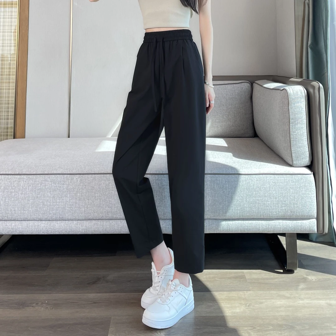 黑色冰丝西装裤女2025新款夏季薄款小个子显瘦九分裤哈伦烟管裤子