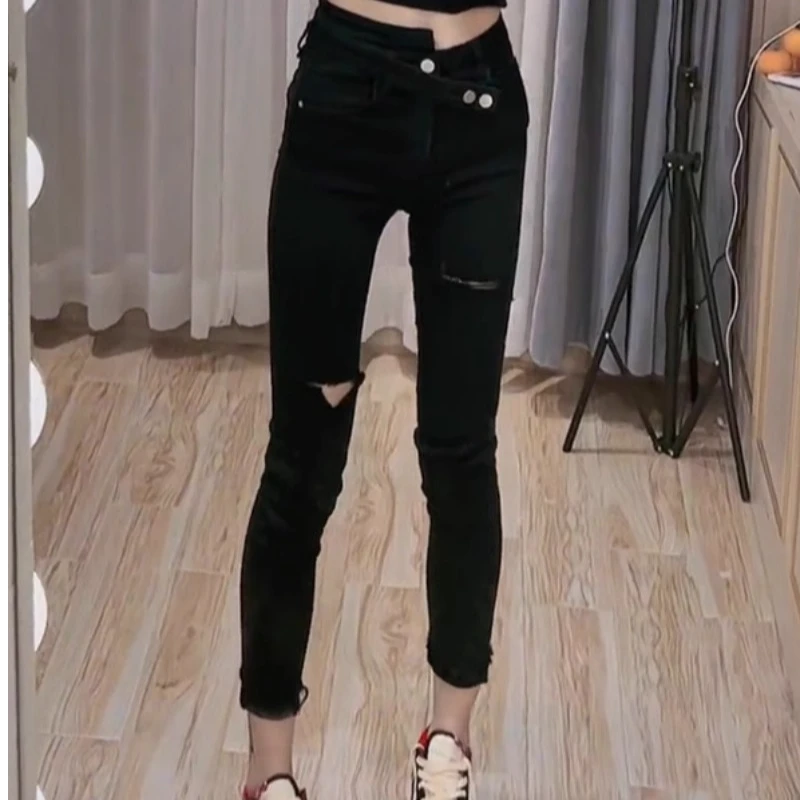 黑色破洞小脚牛仔裤女春秋高腰修身显瘦弹力大码毛边九分铅笔裤子