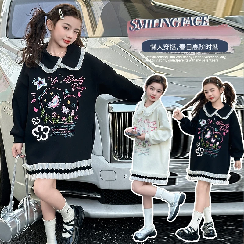 女童春款甜妹风蕾丝花边卫衣裙2025新款宽松时髦可爱洋气连衣裙潮