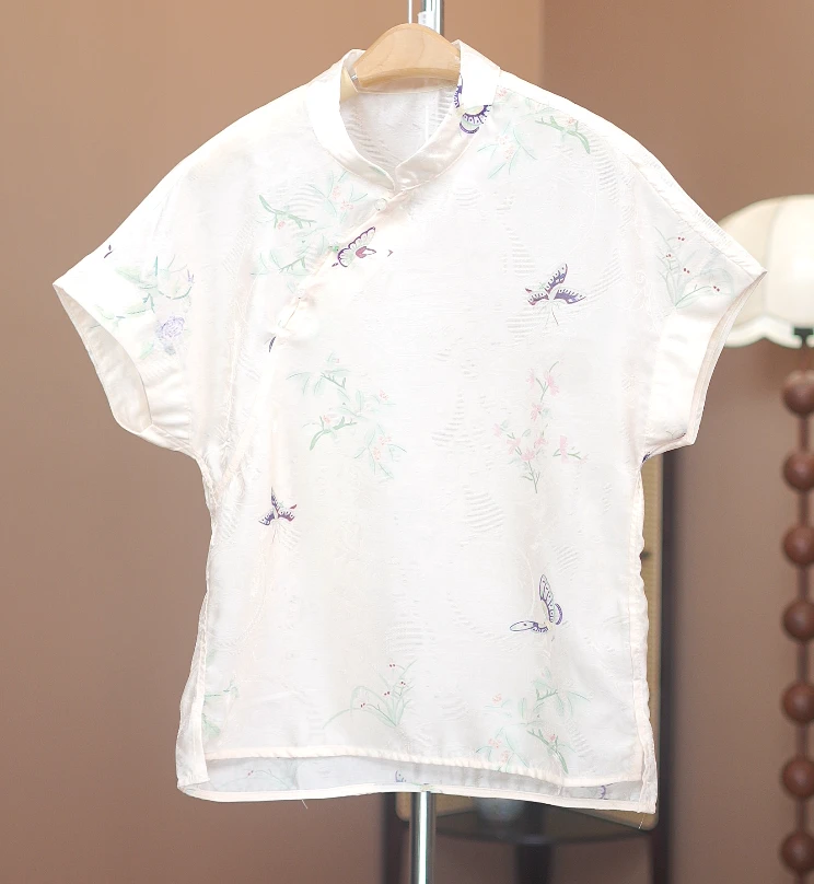 《花影》白色新中式提花立领短袖衬衫女2025新款改良旗袍女士衬衣