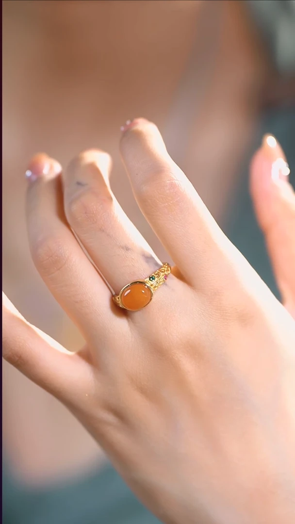 银S925镀金镶嵌蜜蜡戒指蜜蜡戒指