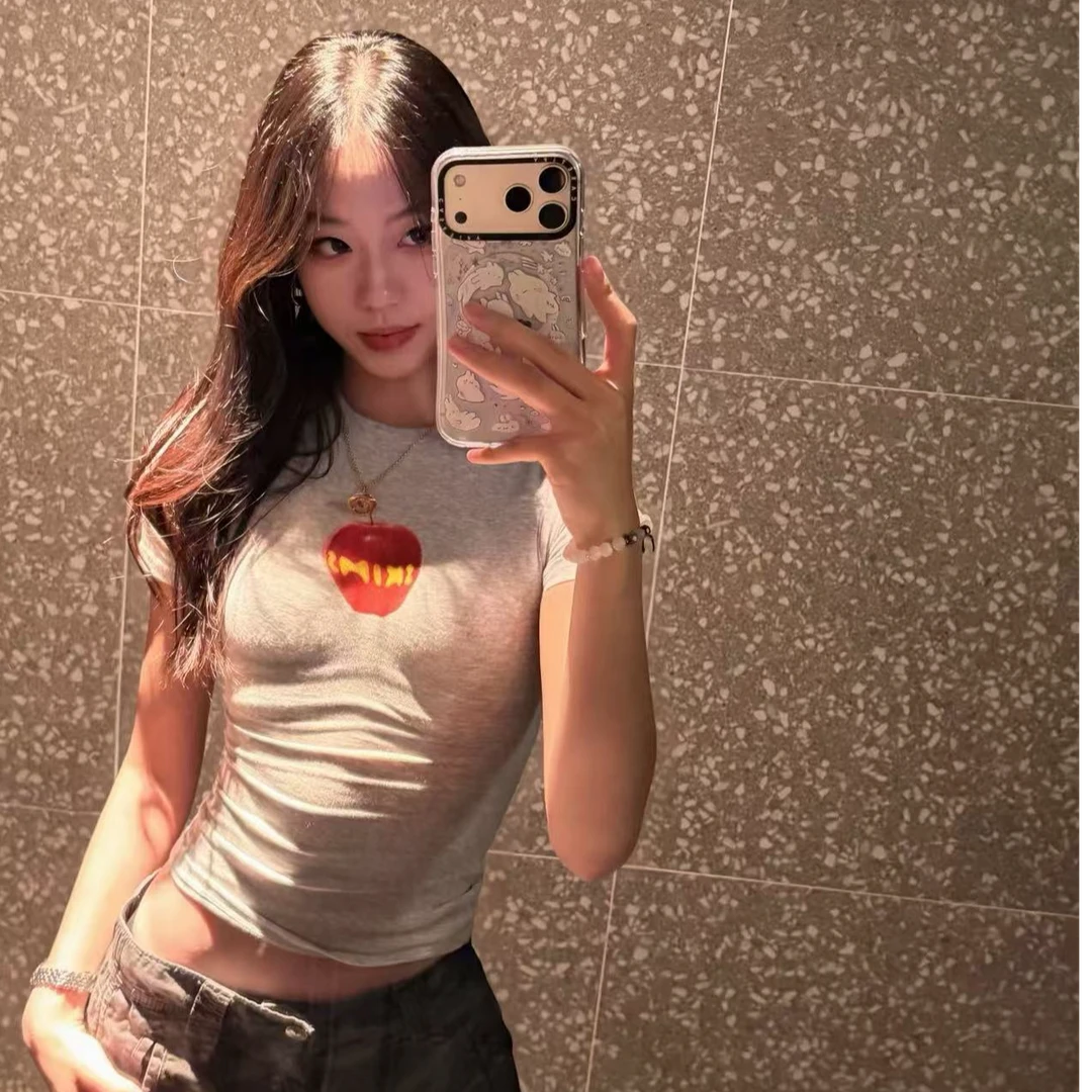 26SS新款SK苹果印花修身短款短袖T恤女辣妹风显瘦上衣百搭