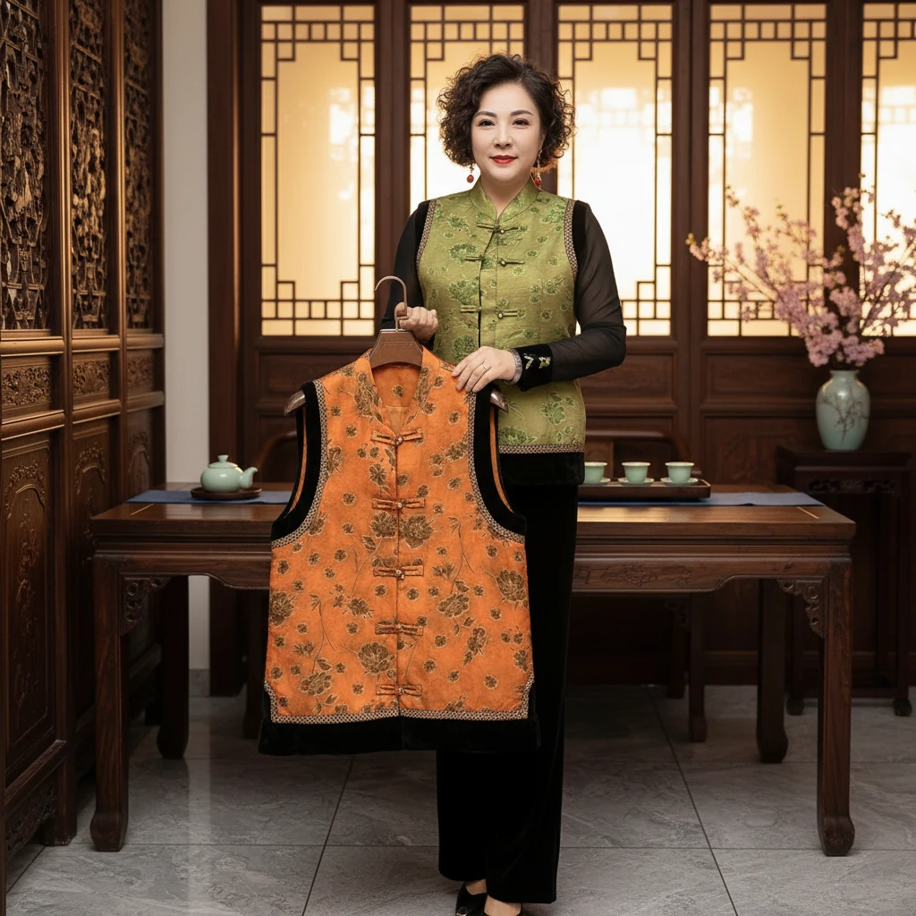 春秋中老年新立领外套背心坎肩风女装马甲中式民族款开衫复古提花