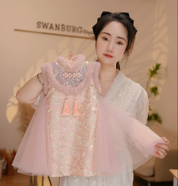 【Y.k0008】24新款女童亮片拼接网纱国风马甲裙女宝气质保暖背心裙