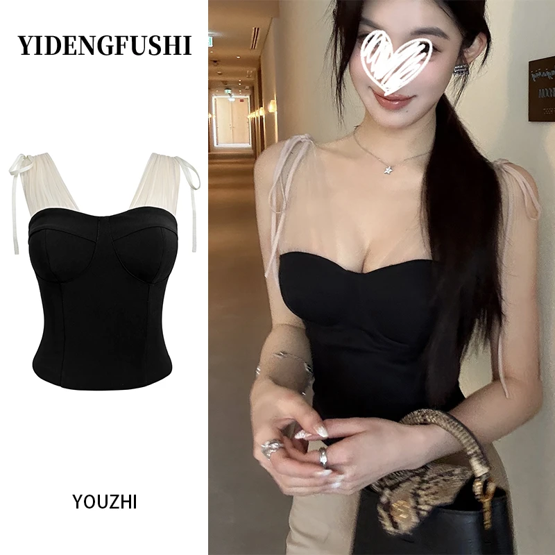 纯欲网纱拼接吊带背心2025夏季宫廷风修身显瘦内搭外穿上衣