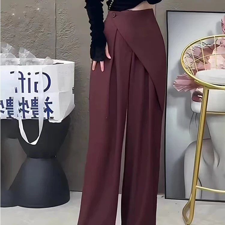 复古流行安可拉红不规则叠片压褶垂感阔腿裤9615