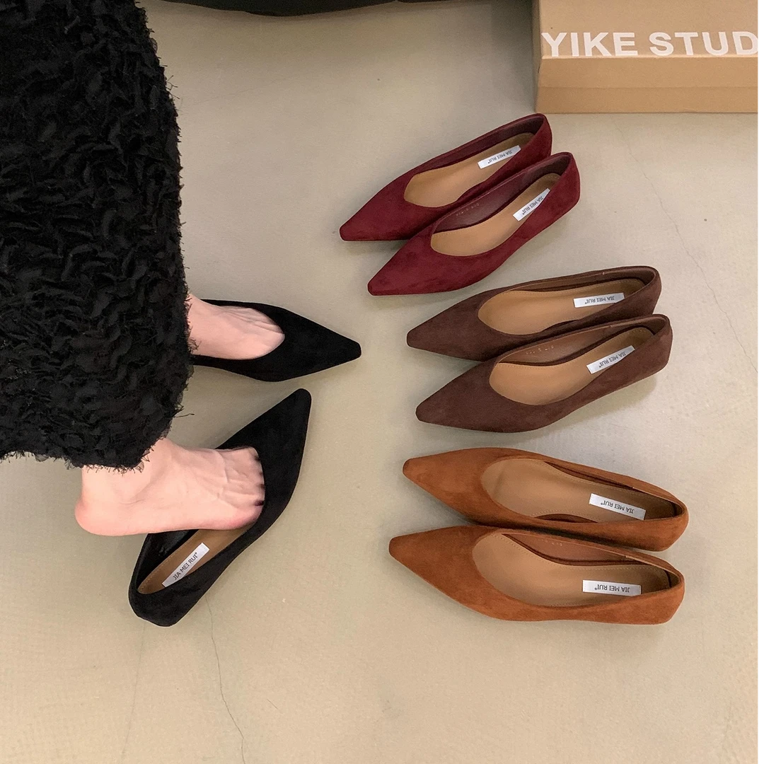 复古低跟尖头浅口单鞋女鞋子2025新款春秋季绒面气质一脚蹬通勤鞋