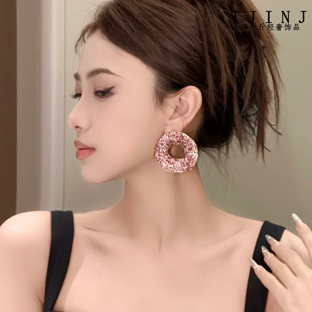 铜合金耳饰 【揽月】满钻气质耳钉不规则圆形耳饰高级感