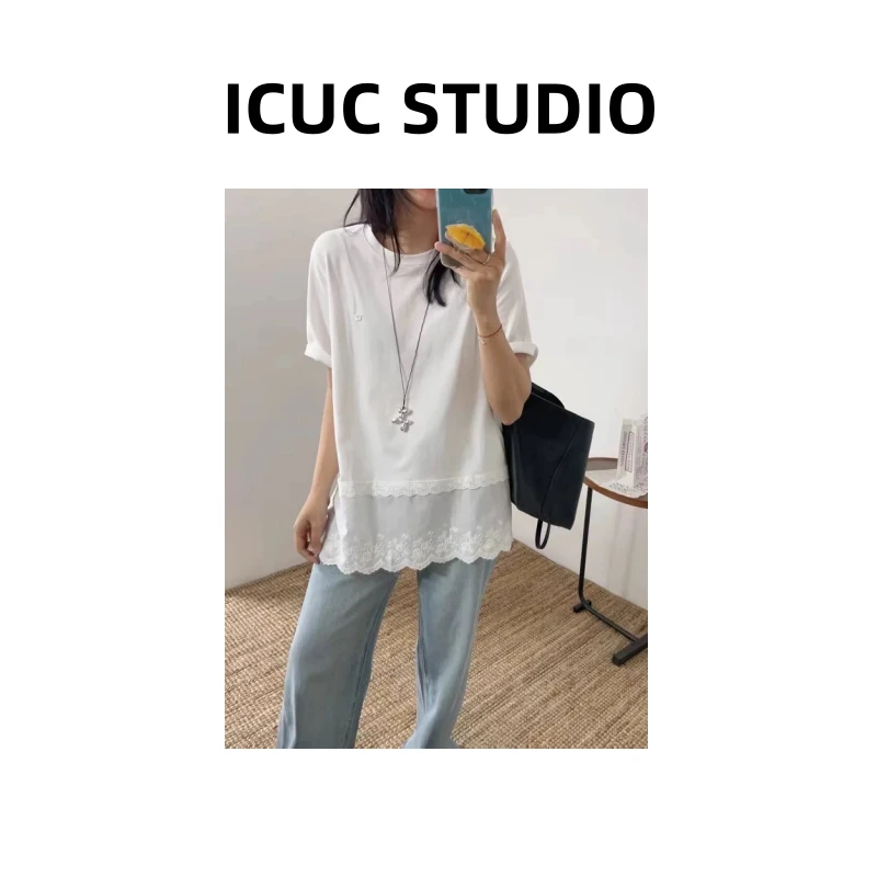 ICUC STUDIO-夏新款侧开叉时尚宽松显瘦拼接蕾丝花边短袖T恤7291