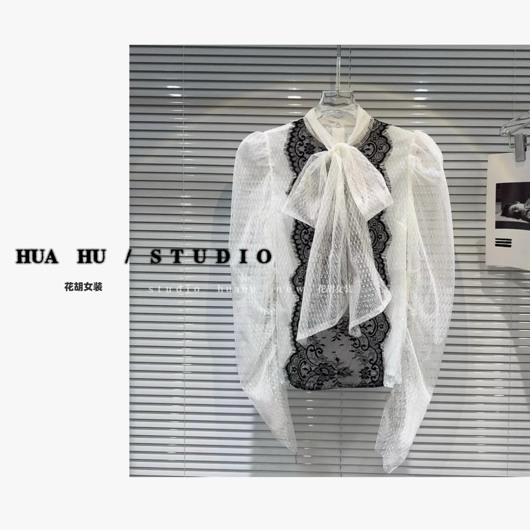 【coco蕾丝花】韩国东大门apm拼接蕾丝泡袖半领衬衣2025早春新款